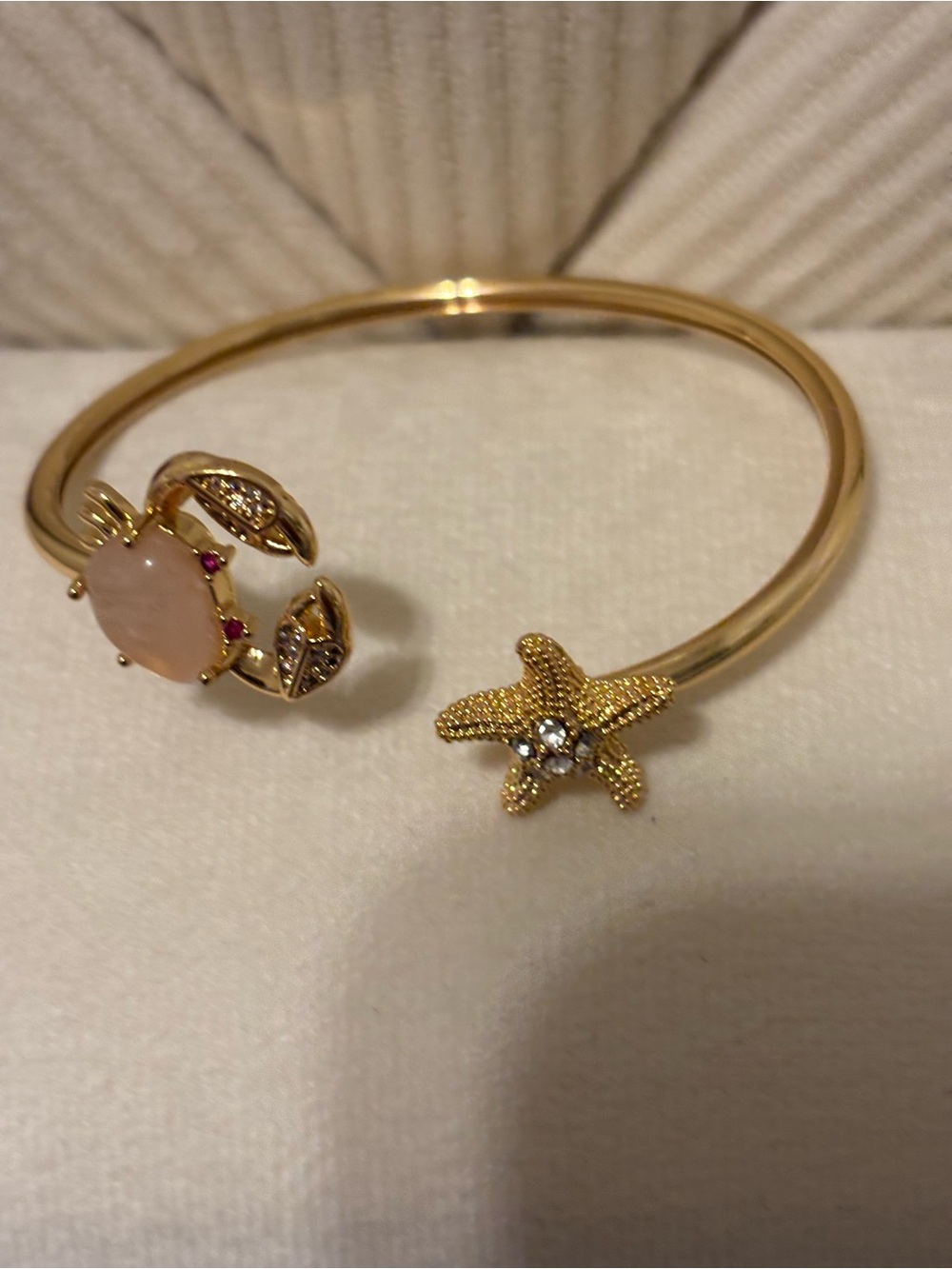 Gold-Tone Starfish & Pink Crab 🦀 Open Bangle Bracelet